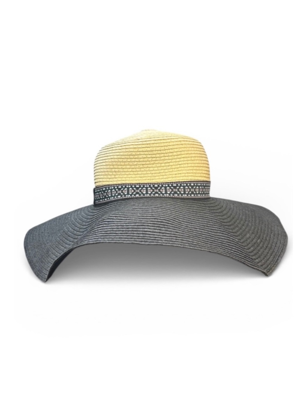 Capelina Paper Straw Wide Brim Floppy Sun Hat, Two-Tone Patterned Band, [Medium]